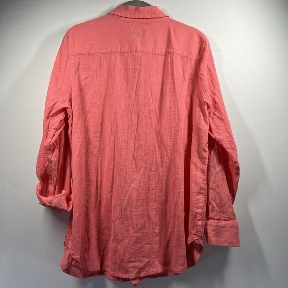 Talbots Women's Blouse Size Large 100% Cotton Coral Roll Tab Long Sleeve Gauzy - Picture 2 of 8